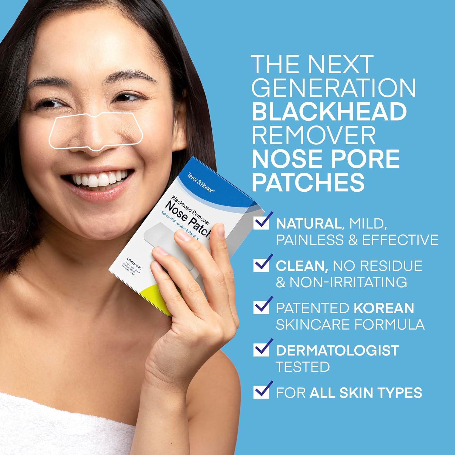 Smiling woman using Terez & Honor Blackhead Remover Nose Pore Patches for natural, painless blackhead removal, suitable for all skin types