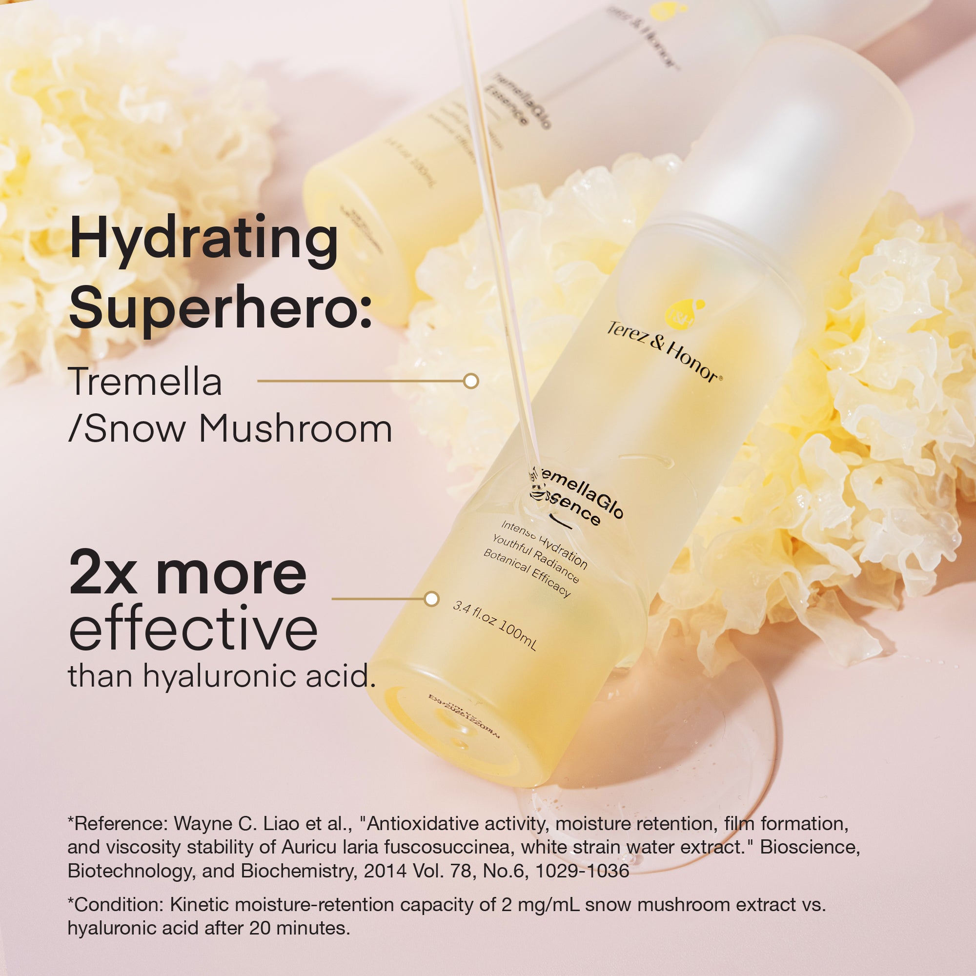 Terez & Honor TremellaGlo Essence with hydrating snow mushroom extract, two times more effective than hyaluronic acid