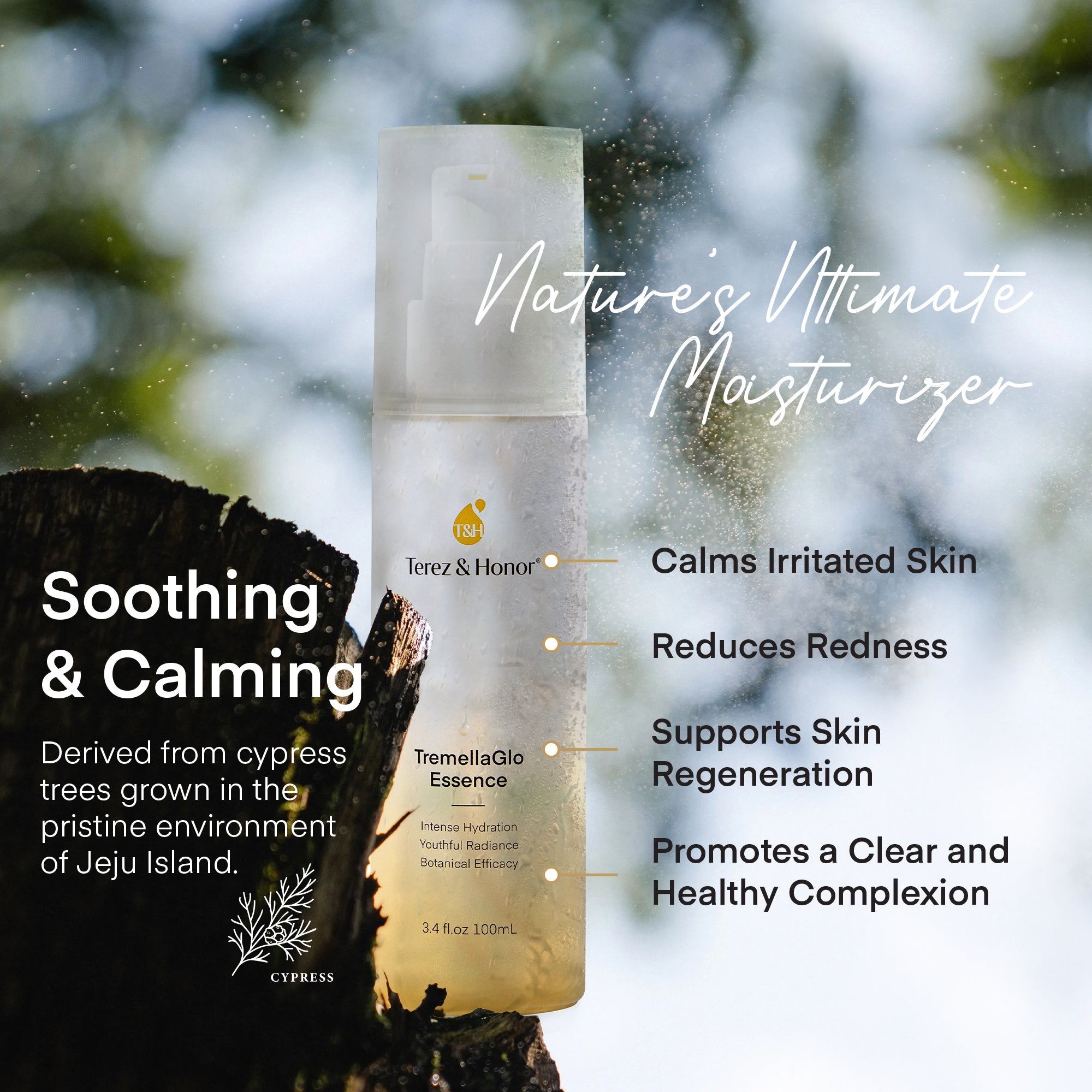 Terez & Honor TremellaGlo Essence, made from natural cypress trees for soothing and calming skin