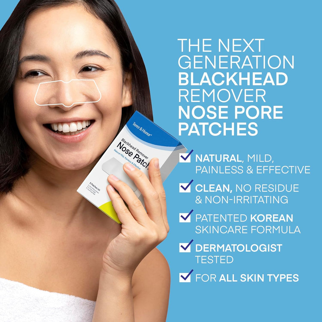 Smiling woman using Terez &amp; Honor Blackhead Remover Nose Pore Patches for natural, painless blackhead removal, suitable for all skin types