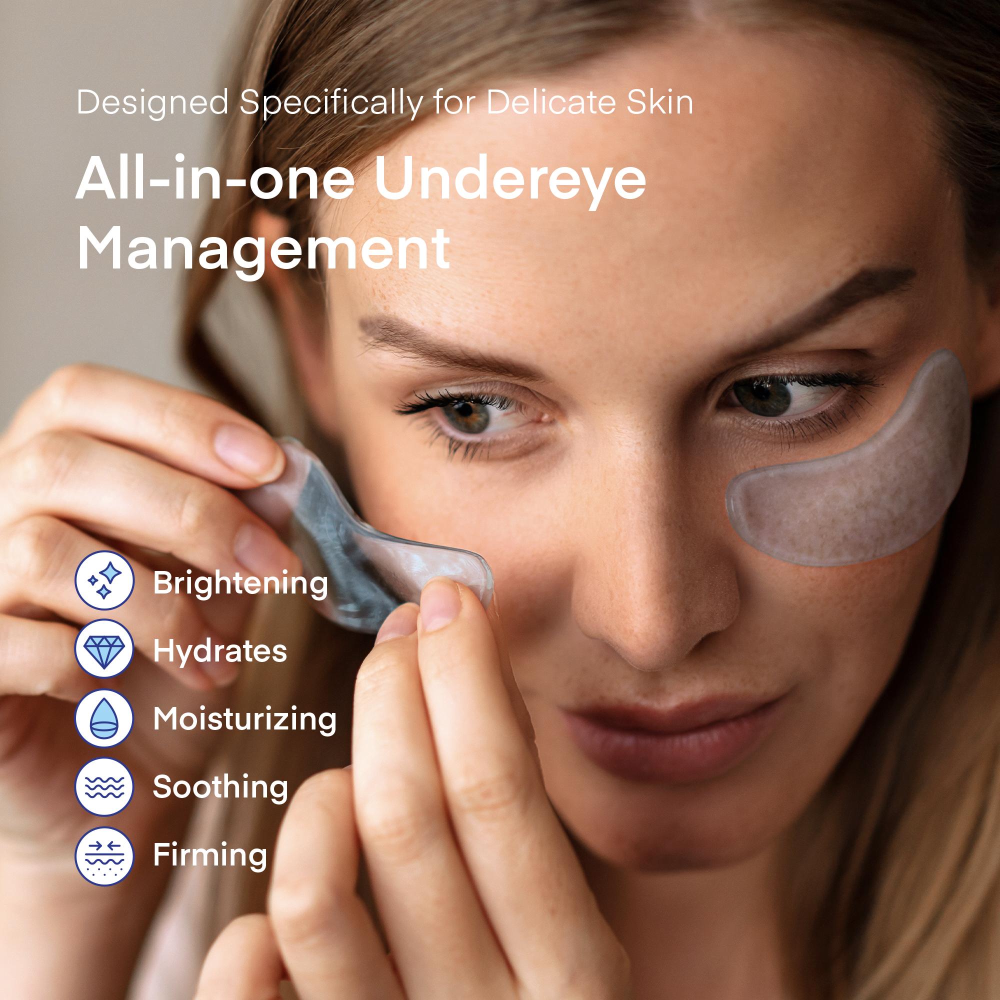 Young woman applying Terez & Honor hydrating under eye patches under her eye, showcasing the product's soothing and moisturizing effects on delicate skin.