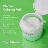 Open jar of Terez & Honor Blemish Calming Pads on a vibrant green background, highlighting benefits like improving hyperpigmentation, evening out skin texture, and providing deep hydration