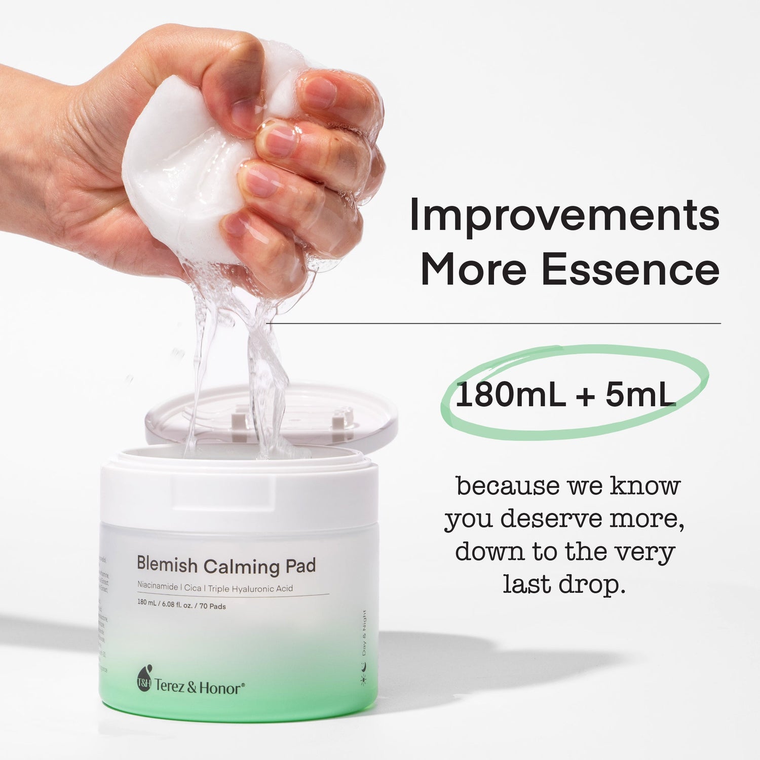 Hand squeezing a cotton pad soaked with essence over a jar of Terez &amp; Honor Blemish Calming Pads, demonstrating the generous amount of liquid in each pad, highlighted by text stating &