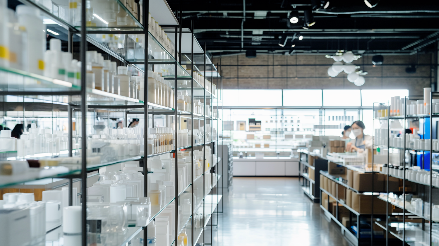 A modern skincare lab with shelves filled with various skincare products and bottles. Two masked lab workers are seen in the background working on products in a clean and organized environment